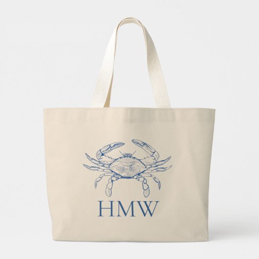 Coastal Blue and White Crab Monogram Grote Tote Bag (Achterkant)