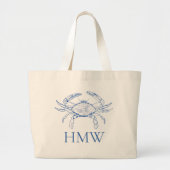 Coastal Blue and White Crab Monogram Grote Tote Bag (Voorkant)