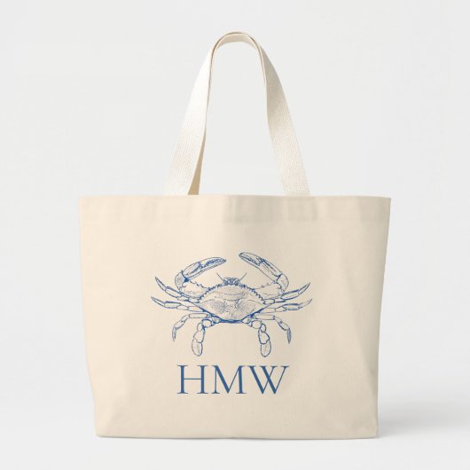 Coastal Blue and White Crab Monogram Grote Tote Bag (Voorkant)