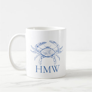 Coastal Blue and White Crab Monogram Koffiemok