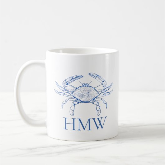 Coastal Blue and White Crab Monogram Koffiemok (Links)