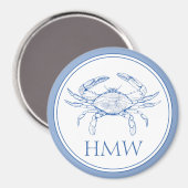 Coastal Blue and White Crab Monogram Magneet (Voorkant / Achterkant)