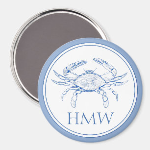 Coastal Blue and White Crab Monogram Magneet