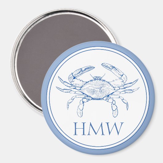 Coastal Blue and White Crab Monogram Magneet (Voorkant / Achterkant)