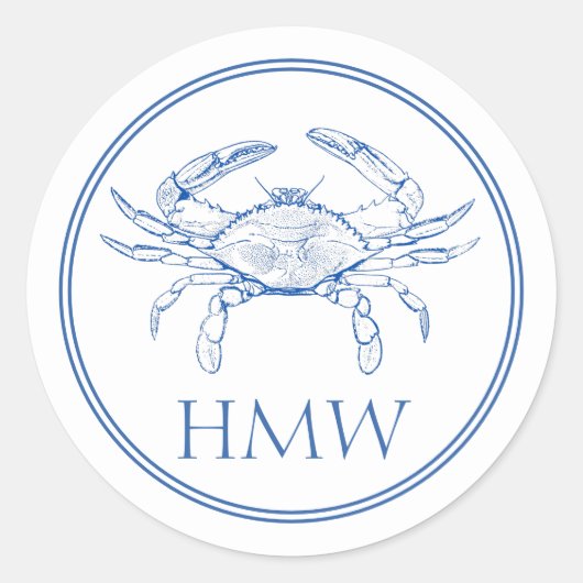 Coastal Blue and White Crab Monogram Ronde Sticker (Voorkant)