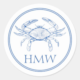Coastal Blue and White Crab Monogram Ronde Sticker