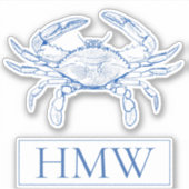Coastal Blue and White Crab Monogram Sticker (Voorkant)