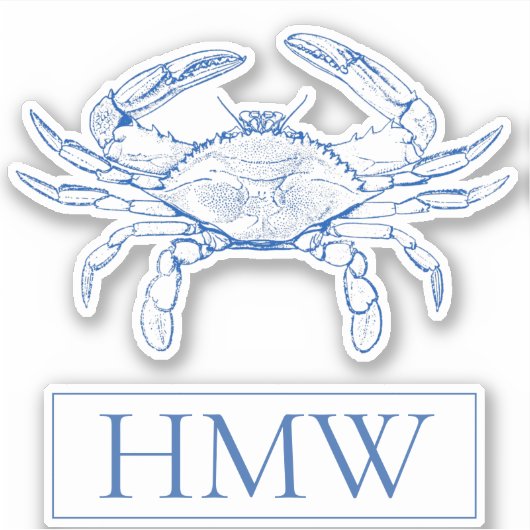 Coastal Blue and White Crab Monogram Sticker (Voorkant)