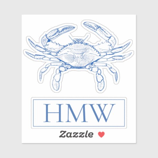 Coastal Blue and White Crab Monogram Sticker (Vel)