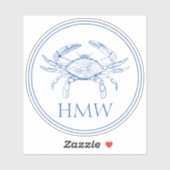 Coastal Blue and White Crab Monogram Sticker (Vel)