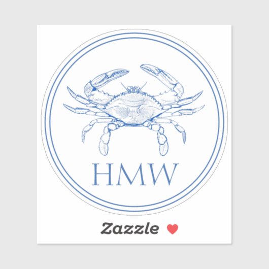 Coastal Blue and White Crab Monogram Sticker (Vel)