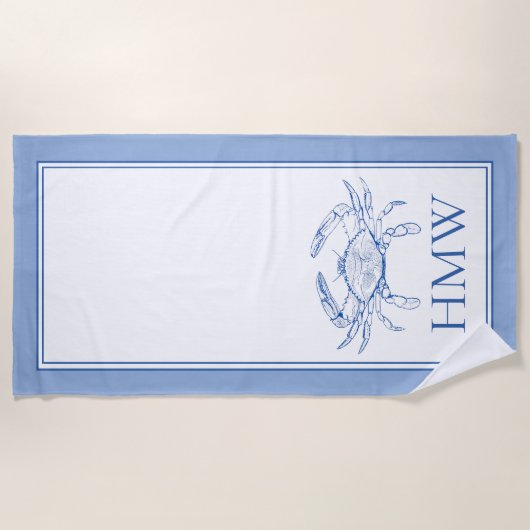 Coastal Blue and White Crab Monogram Strandlaken (Voorkant)