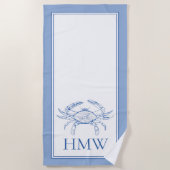 Coastal Blue and White Crab Monogram Strandlaken (Voorkant)