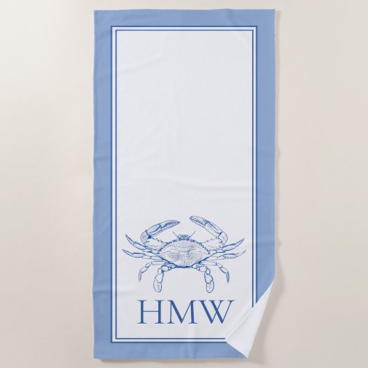 Coastal Blue and White Crab Monogram Strandlaken (Voorkant)