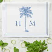 Coastal Blue and White Palmetto Palm Monogram Theedoek (Gevouwen)