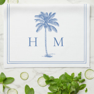 Coastal Blue and White Palmetto Palm Monogram Theedoek