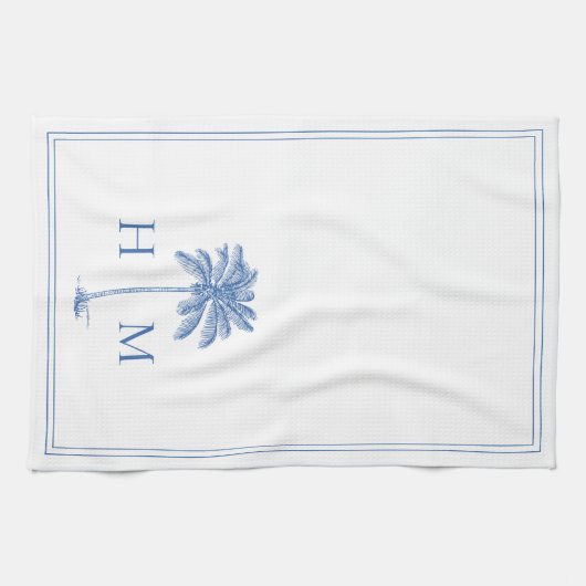 Coastal Blue and White Palmetto Palm Monogram Theedoek (Horizontaal)