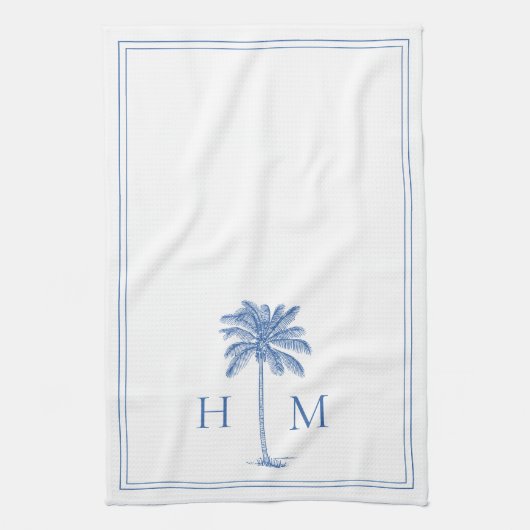 Coastal Blue and White Palmetto Palm Monogram Theedoek (Verticaal)