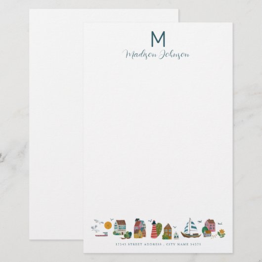 Coastal Blue Baby shower Party Monogram Briefpapier (Voorkant / Achterkant)