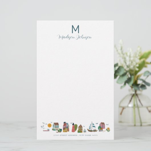 Coastal Blue Baby shower Party Monogram Briefpapier (Staand voorkant)