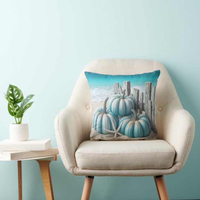 Coastal Blue Beach Pumpkins Kussen (Stoel)