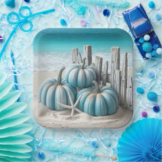 Coastal Blue Beach Pumpkins Papieren Bordje (Feest)