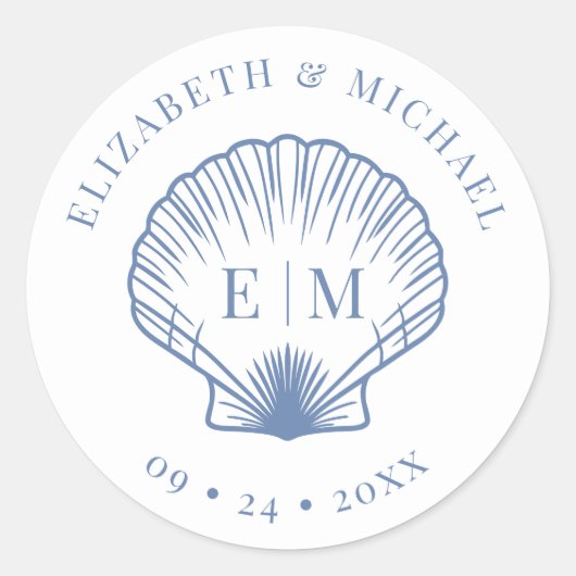 Coastal Blue Beach Shell Monogram Huwelijk Ronde Sticker (Voorkant)