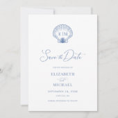 Coastal Blue Beach Shell Monogram Huwelijk Save The Date (Voorkant)