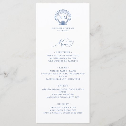Coastal Blue Beach Shell Monogram Wedding Menu (Voorkant)