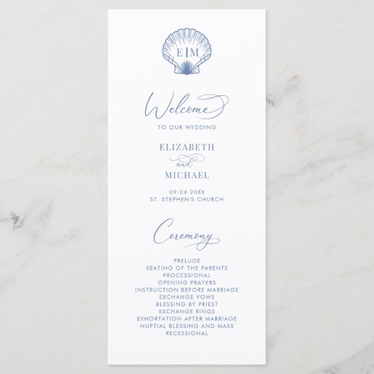 Coastal Blue Beach Shell Monogram Wedding Programmakaart (Voorkant)