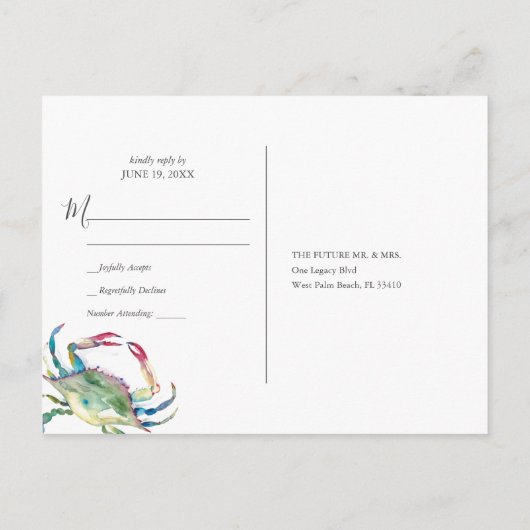 Coastal Blue Crab Waterverf RSVP Briefkaart (Achterkant)