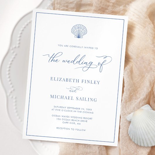 Coastal Blue Elegant Beach Wedding Invitation Kaart