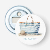Coastal Blue en White Stripe Beach Tas Button Flesopener (Voorkant)