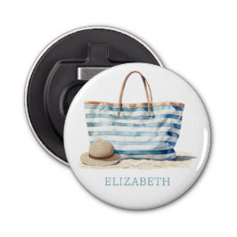 Coastal Blue en White Stripe Beach Tas Button Flesopener