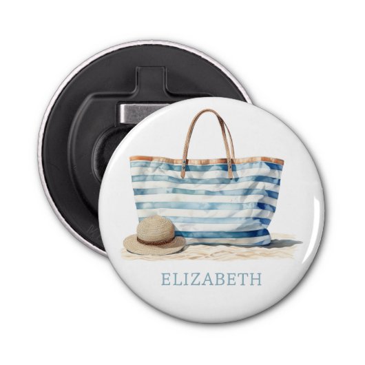 Coastal Blue en White Stripe Beach Tas Button Flesopener (Voorkant)