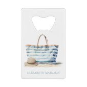 Coastal Blue en White Stripe Beach Tas Creditkaart Flessenopener (Voorkant)