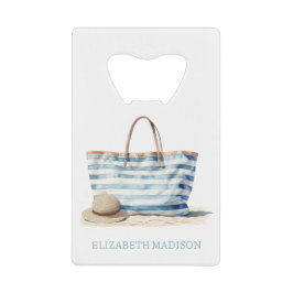 Coastal Blue en White Stripe Beach Tas Creditkaart Flessenopener