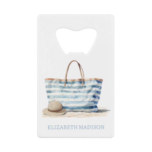 Coastal Blue en White Stripe Beach Tas Creditkaart Flessenopener (Voorkant)