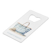 Coastal Blue en White Stripe Beach Tas Creditkaart Flessenopener (Voorkant Gekanteld)