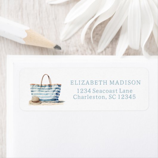 Coastal Blue en White Stripe Beach Tas Etiket (Insitu)