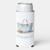 Coastal Blue en White Stripe Beach Tas Seltzer Blikjeskoeler (Seltzer Voorkant)