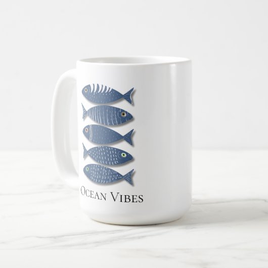 Coastal Blue Fish Pattern on Beige Background Koffiemok (Voorkant links)