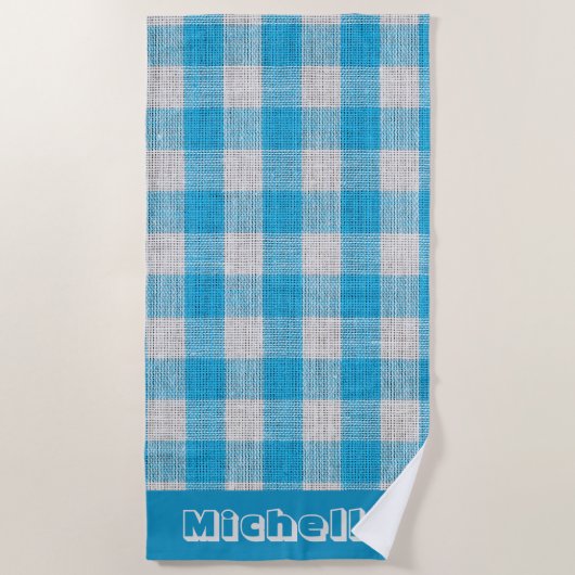 Coastal Blue Gingham gepersonaliseerd Strandlaken (Voorkant)