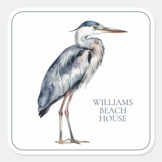 Coastal Blue Heron Bird gepersonaliseerd Vierkante Sticker (Voorkant)
