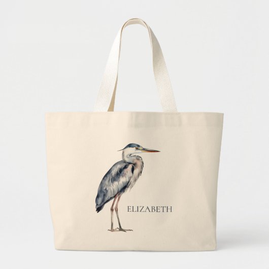 Coastal Blue Heron Bird Personalized Grote Tote Bag (Voorkant)