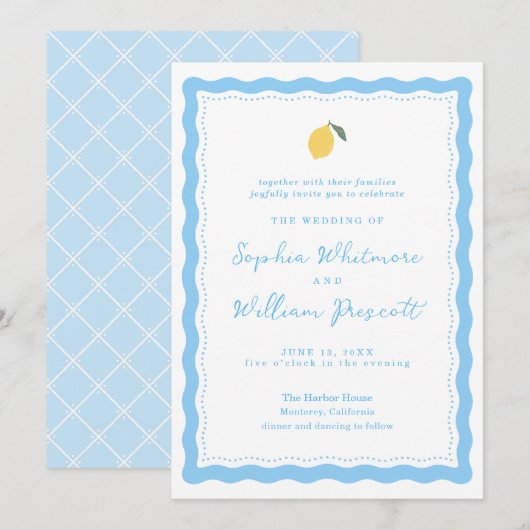 Coastal Blue Lemon Amalfi Wedding Invitation Kaart (Voorkant / Achterkant)