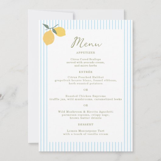 Coastal Blue Lemon Amalfi Wedding Menu Card Kaart (Voorkant)