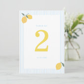 Coastal Blue Lemon Amalfi Wedding Table Number Kaart (Staand voorkant)
