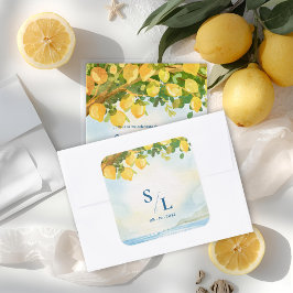 Coastal Blue & Lemon Watercolor Monogram Wedding Vierkante Sticker