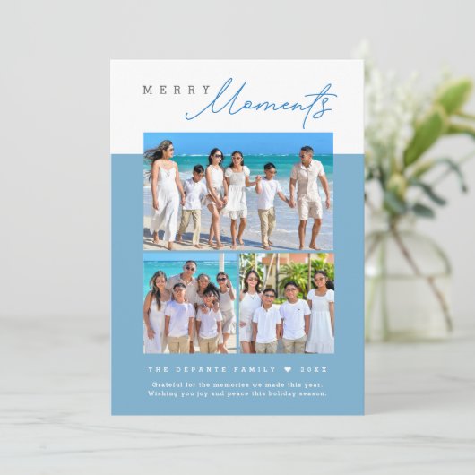 Coastal blue Merry Moments family Photo collage Feestdagenkaart (Staand voorkant)